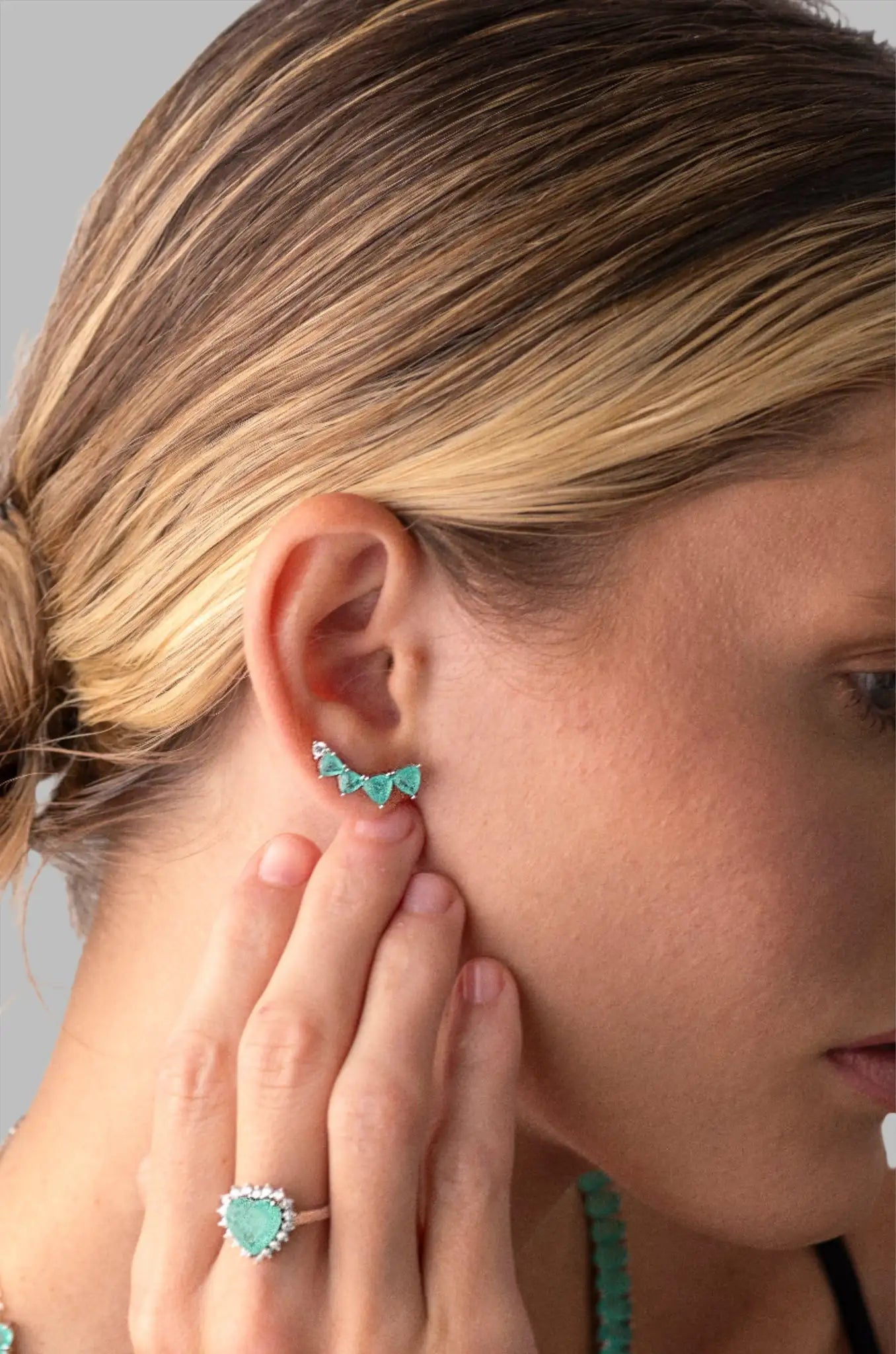 Heart Ocean Ring & Triangle Ocean Ear Climbers Set - Iane Jewelry