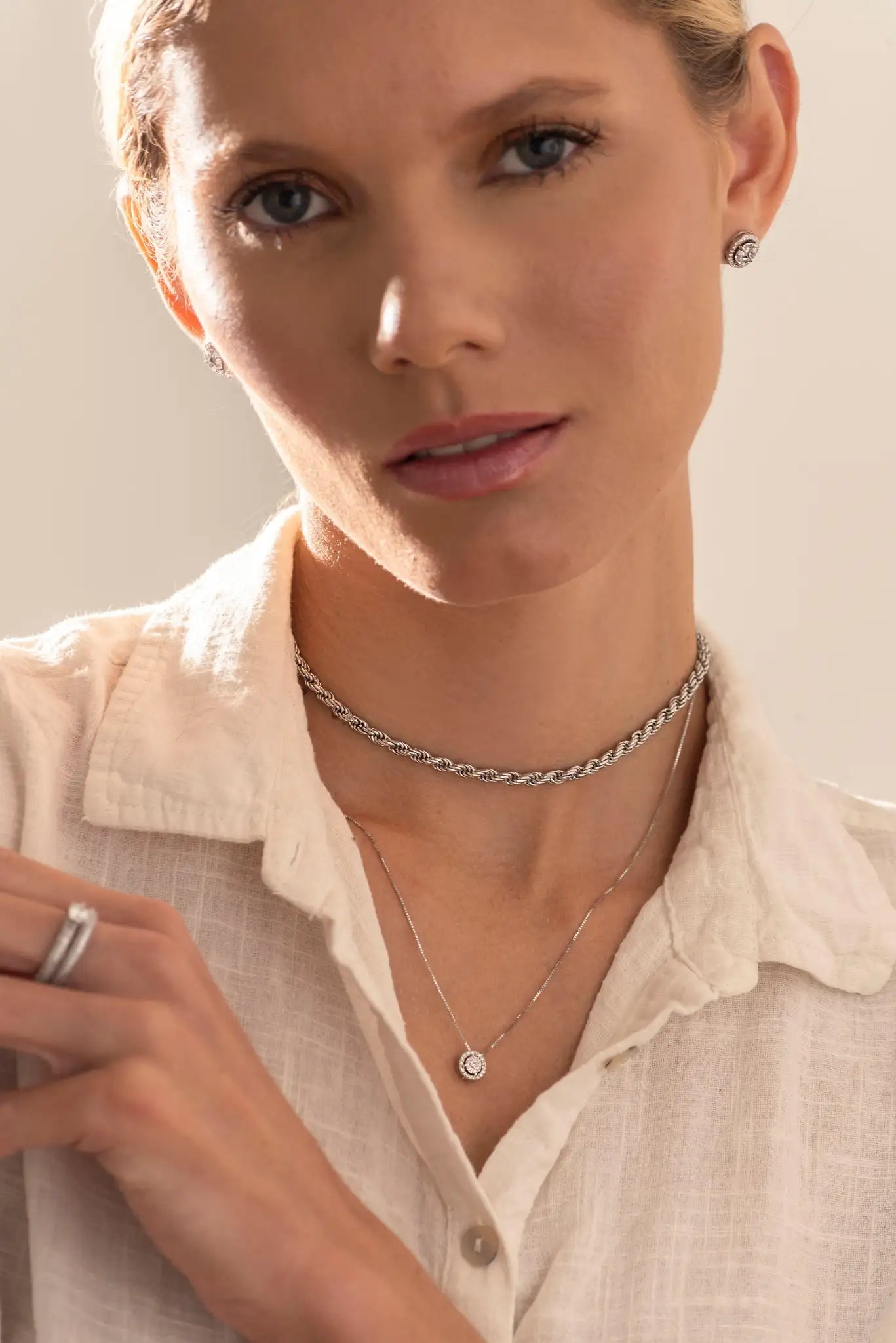 Sterling Silver Chocker, Button Necklace, Duo Pair Ring & Light Earrings Set - Iane Jewelry