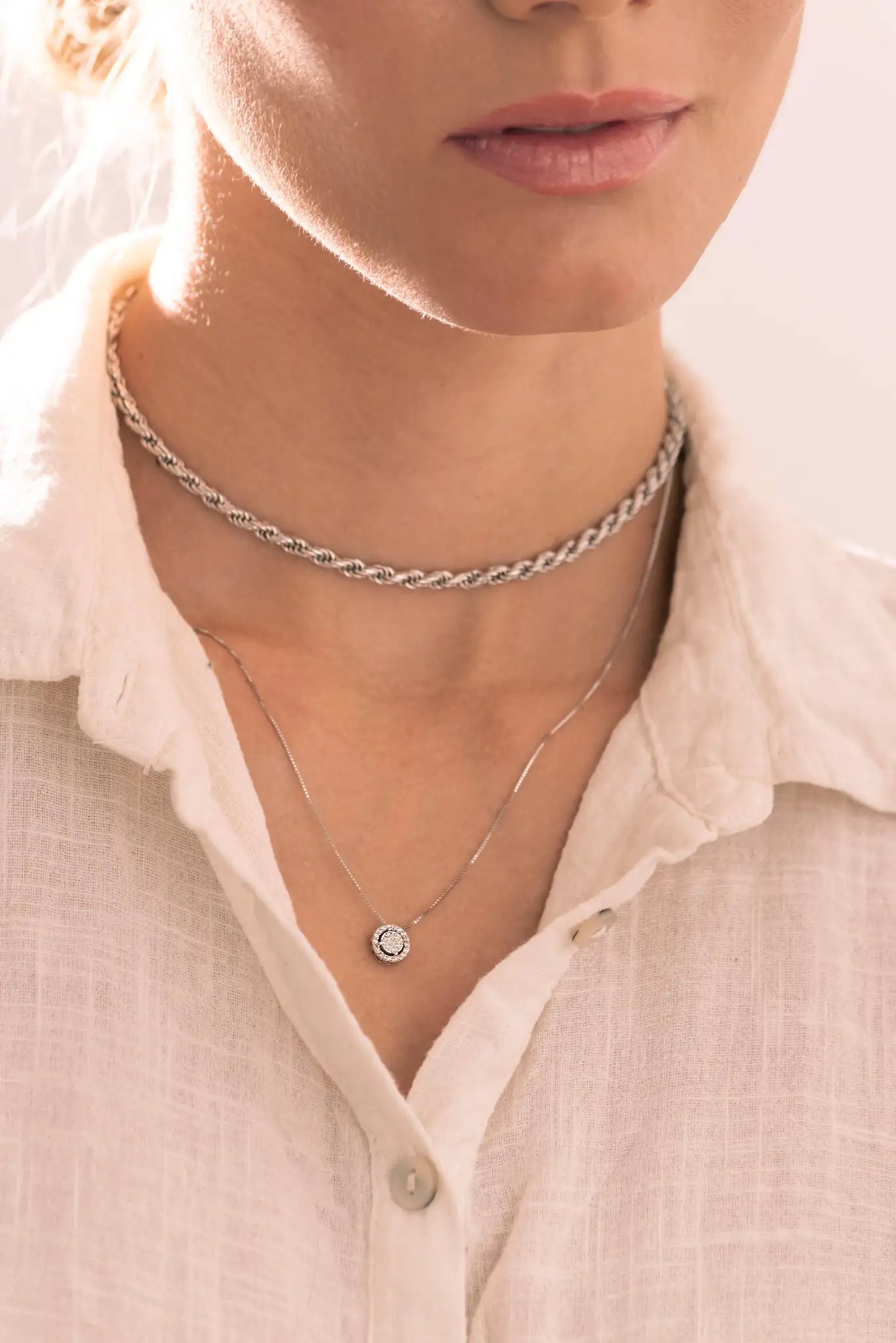 Sterling Silver Chocker, Button Necklace, Duo Pair Ring & Light Earrings Set - Iane Jewelry