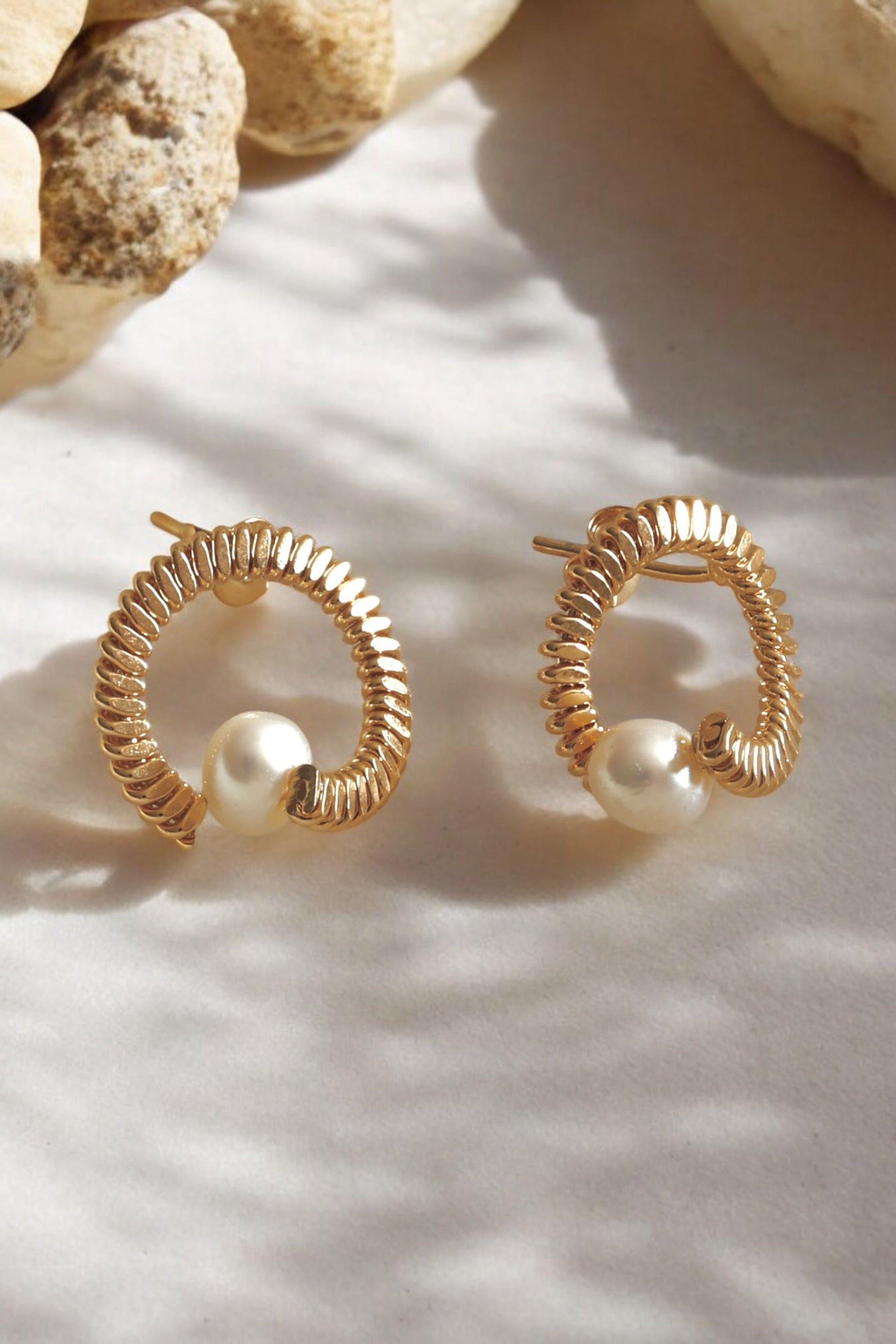 Spiral Pearl Hoop Earrings - Iane Jewelry