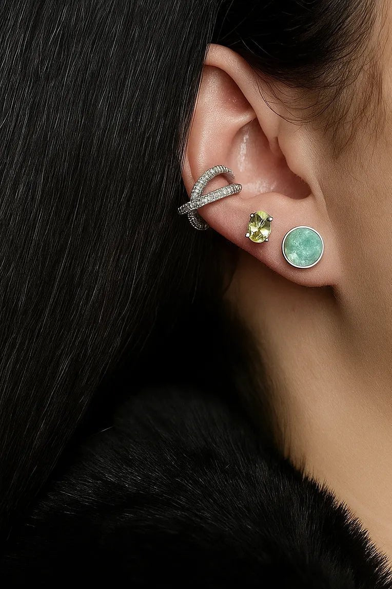 Double Clip, Peridot Oval & Emerald Halo Earrings Set - Iane Jewelry