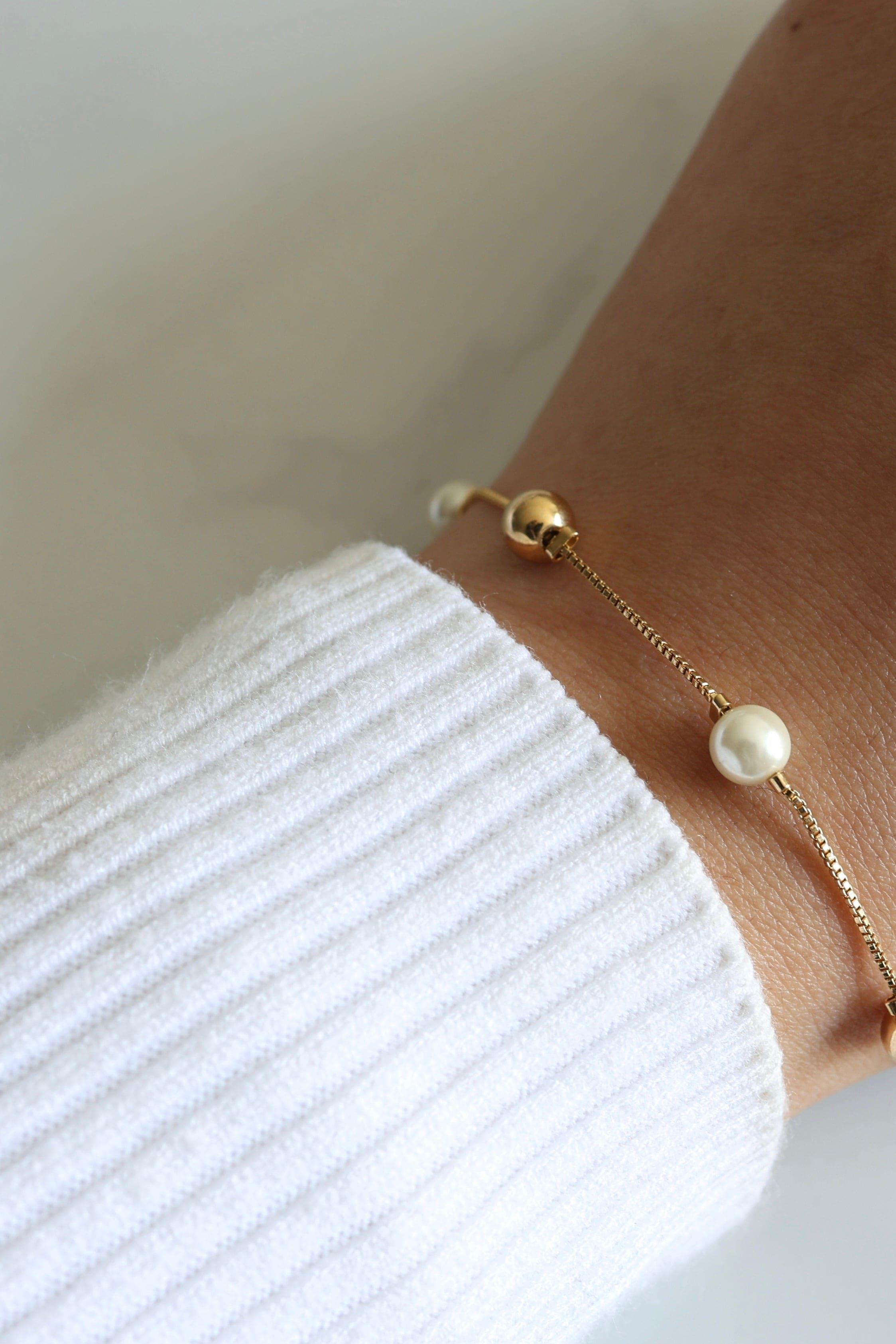 Pearl & Gold Bead Box Chain Bracelet - Iane Jewelry