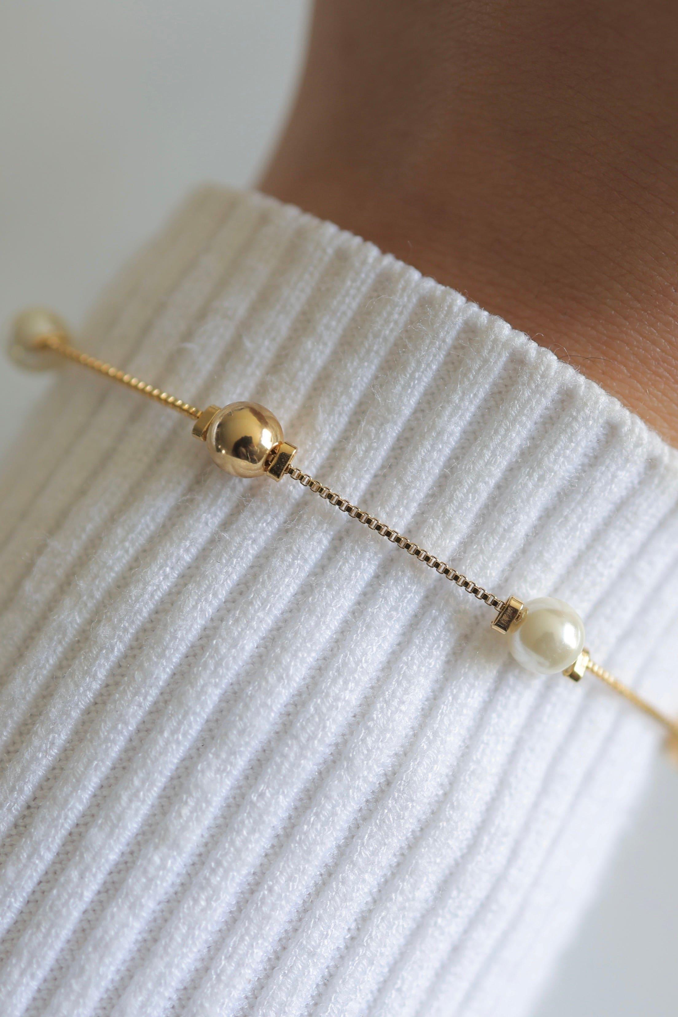 Pearl & Gold Bead Box Chain Bracelet - Iane Jewelry