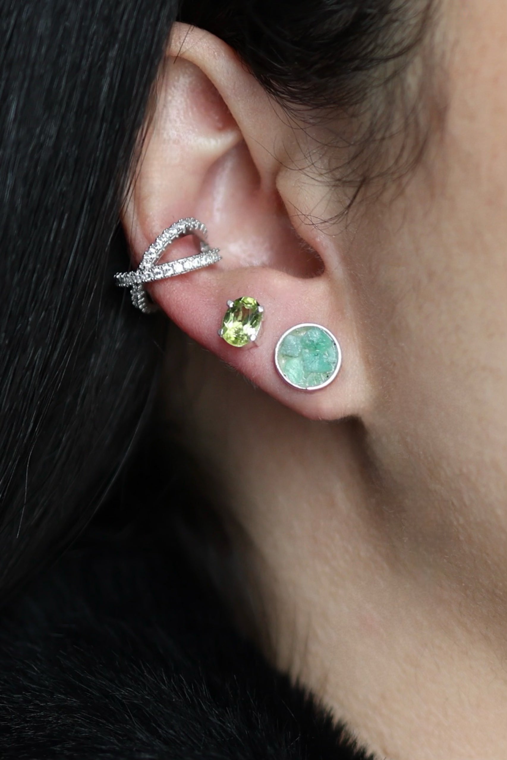 Emerald Halo Silver Earrings - Iane Jewelry